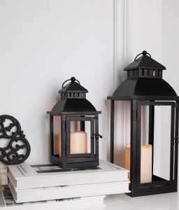 DECORKEY LED Lanterns Decorative Outdoor&Indoor, Set of 2 (17’’&11’’) Large Black Metal Lantern Decor, Candle Holder for Porch, Patio, Garden, Balcony, Wedding Decorations (Black / 17''+11'')