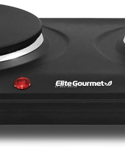 Elite Gourmet EDB-302BF Countertop Double Cast Iron Burner, 1500 Watts Electric Hot Plate, Temperature Controls, Power Indicator Lights, Easy to Clean, Black